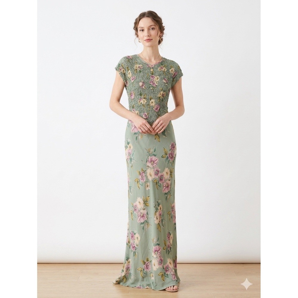 Jeffrey & Dara Womens Floral Smocked Maxi Dress Rayon Scoop Neck Zip Size 6, USA